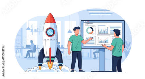 Two entrepreneurs discussing a business startup launch with data analysis charts.