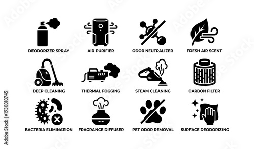 Home air quality solutions: icons for purifiers, deodorizers, and cleaning tools