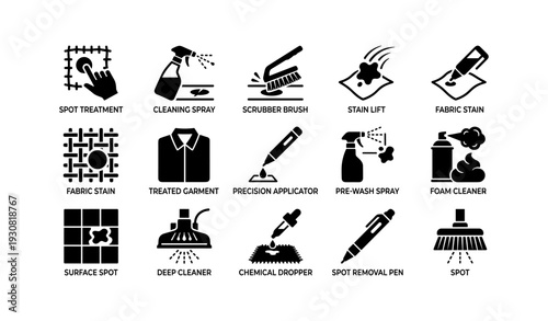 Cleaning tools and techniques icons for stain removal and fabric care