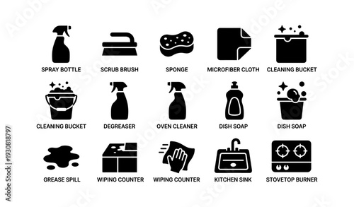 Cleaning tools and supplies icons: spray, sponge, cloth, soap, degreaser