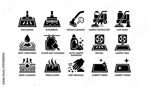 Carpet and floor cleaning icon set: vacuuming, scrubbing, drying, and more