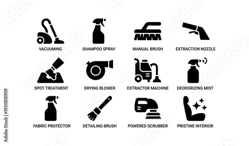 Car cleaning equipment icons set: vacuuming, shampoo spray, brush, blower, deodorizer