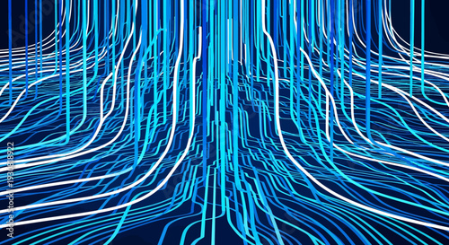 Abstract blue and white neon light streaks on dark background.