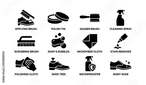 Shoe care essentials icons: brushes, polish, cleaning, cloths, shoe tree, waterproofing