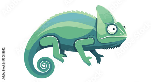 Stylized green chameleon with swirling tail and large eyes, isolated on a white background, depicted in a flat graphic art style