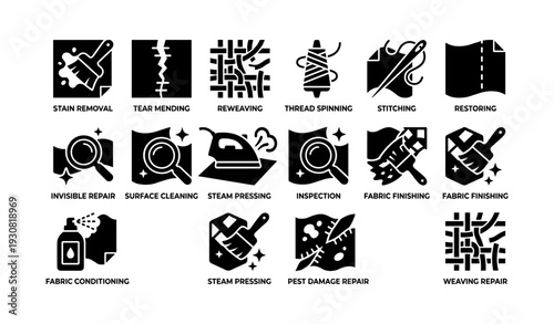 Icons representing fabric repair and maintenance techniques