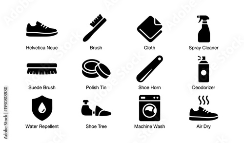Shoe care icons: brush, cloth, polish tin, water repellent, machine wash symbols