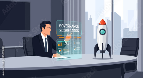 Businessman analyzing governance scorecards on a futuristic holographic display with a rocket model.