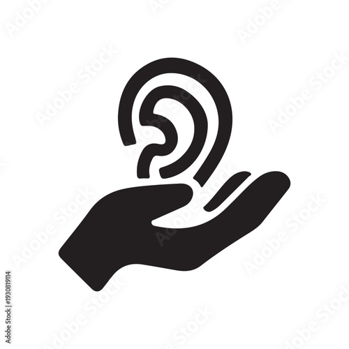 Hand holding ear icon for hearing health support and deafness accessibility symbol
