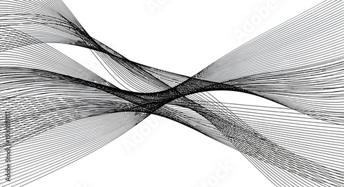 Abstract black and white wavy lines intersecting on white background.