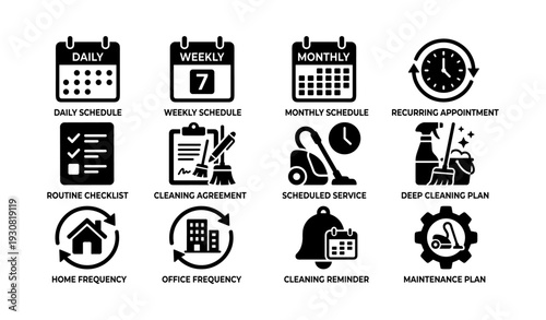 Icons representing schedules, checklists, cleaning services, and maintenance plans
