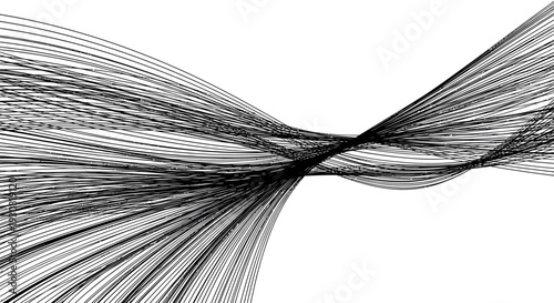 Black and white abstract wavy lines intersecting on white background.