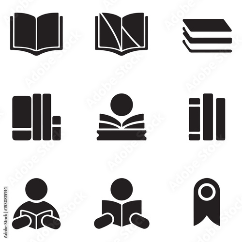 Education and learning concept set with book icons brain and people reading
