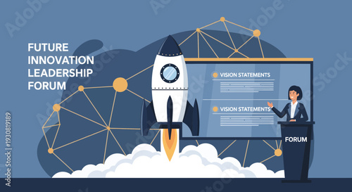 Businesswoman at a Podium Presents at a Future Innovation Leadership Forum.