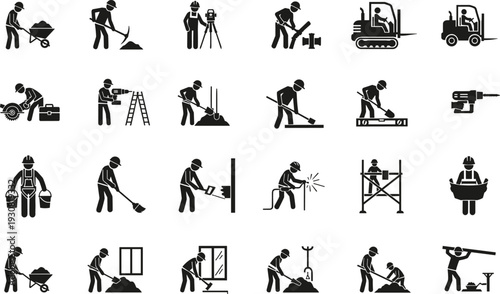 Construction Worker Silhouette Icons Set Featuring Shoveling, Welding, Surveying, Machinery, Painting, Bricklaying, and Window Installation for Industrial Design
