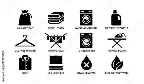 Laundry icon set: dryer, detergent, iron, washing machine, eco-friendly