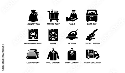 Laundry services icons: pickup, delivery, washing, ironing, dry cleaning