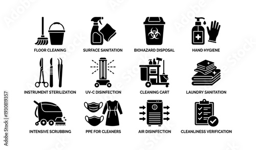 Icons of cleaning and sanitation: tools and processes for hygiene and safety