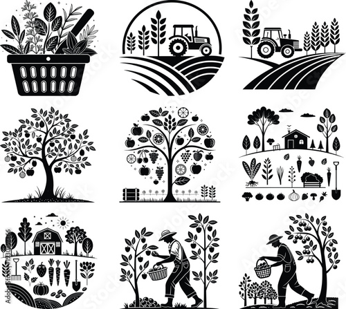 Collection of black and white farm and harvest tractor basket fruit tree