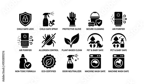Child safe cleaning and air purifier icons with allergen control and non-toxic formula