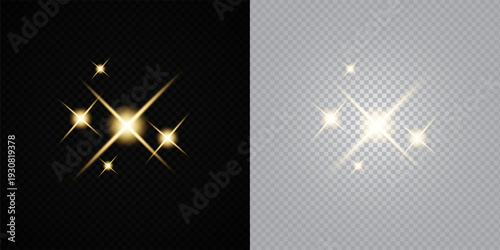 Glowing Golden Star Light Effect with Sparkle Rays and Lens Flare Illumination on Transparent Background