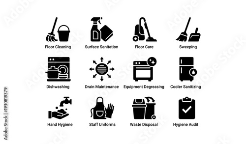 Essential kitchen cleaning and sanitizing icons for hygiene maintenance