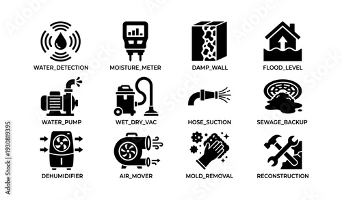 Water and mold damage repair icons: detection, removal, reconstruction tools