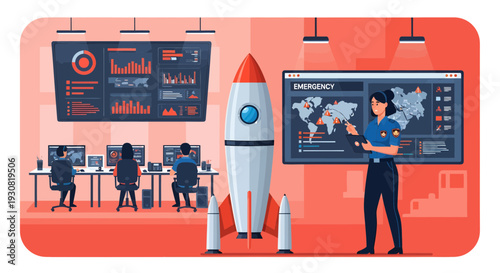 Female mission commander explaining rocket launch data in a control center.
