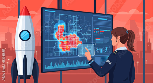 Female mission control specialist analyzing data on a large interactive screen.