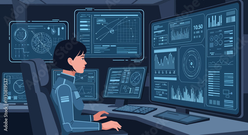 Female operator in a futuristic uniform working at a high tech computer control station.