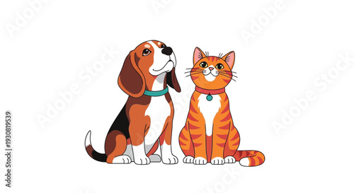 A beagle and an orange tabby cat sit closely together