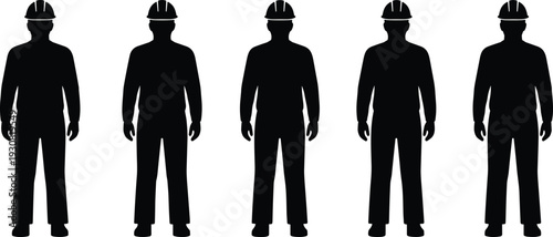 Construction Worker Silhouette Icons Set Featuring Team Unity, Hard Hats, and Upright Standing Figures for Industrial and Workforce Design