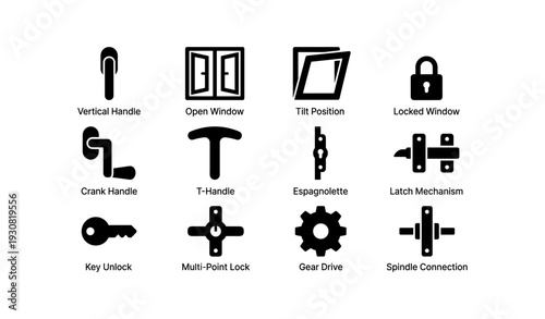 Window and door handle icons: vertical, crank, t-handle, espagnolette, multi-point lock, gear drive