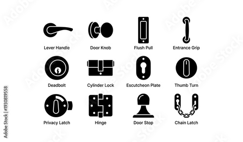 Various door hardware icons: knob, handle, lock, latch, hinge, grip, chain, stop, plate