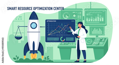 Female scientist analyzing data for smart resource optimization of a rocket launch.