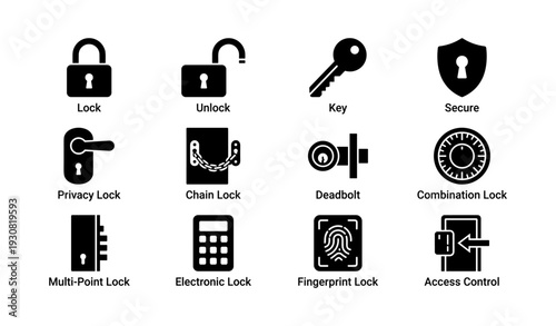 Various lock and security icons representing different types of locks and access controls