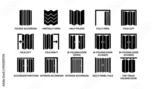 Variety of folding door designs and configurations illustrated