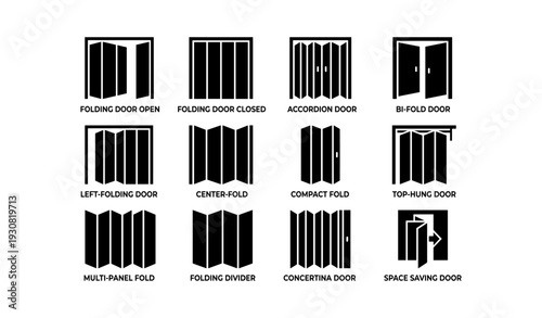 Various types of folding doors: accordion, bi-fold, compact, top-hung, space-saving designs