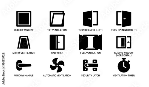 Window ventilation types icons: openings, handles, security, timer