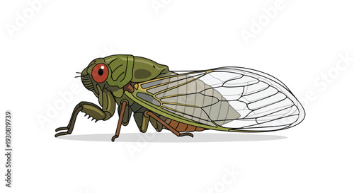 Detailed illustration of a green cicada insect with large red eyes and transparent wings on a white background