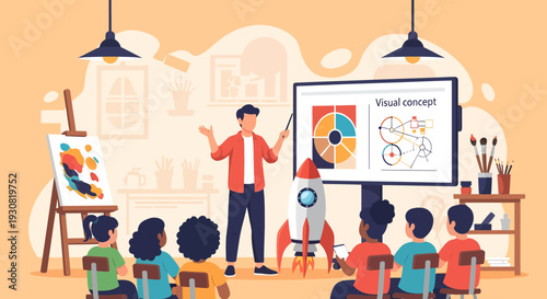 Male instructor teaching a diverse group of young students in a creative classroom setting.