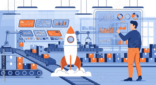 Man managing a new business startup rocket launch with a futuristic interface.