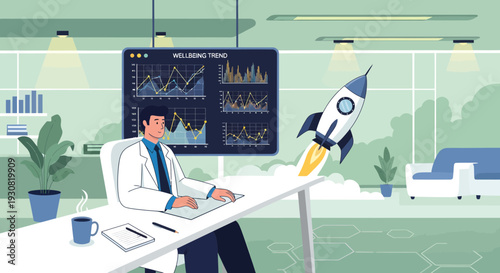 Scientist in a lab coat launching a startup rocket from his office desk.