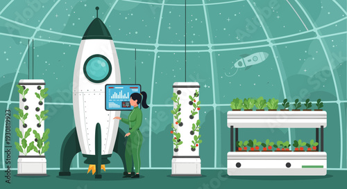Scientist managing advanced hydroponic systems next to a rocket for space travel.