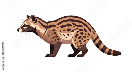 Elegant civet illustration on a clean white background depicting a unique wild animal with distinctive markings and a long striped tail