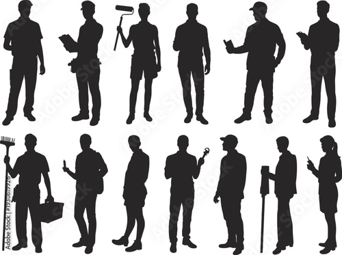 Occupational Silhouette Icons Set Featuring Painters, Surveyors, Janitors, Engineers, and Toolbox Workers for Diverse Professional and Industrial Roles