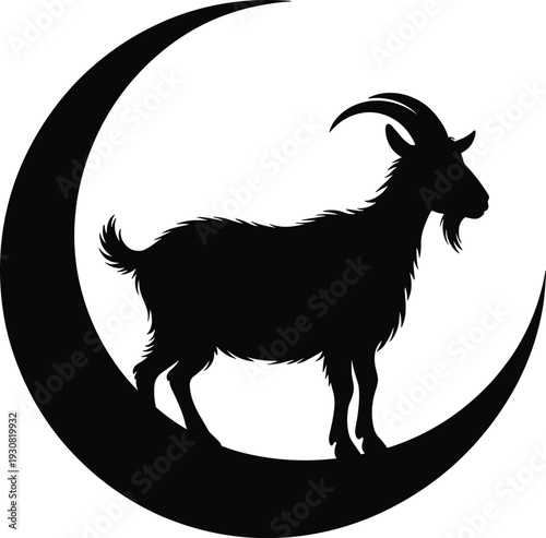 Eid al Adha goat silhouette standing on crescent moon symbol Islamic sacrifice festival concept black flat vector illustration