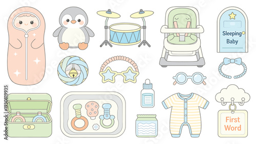 Cute baby stickers collection with toys, clothes, and accessories for nursery decoration and baby shower gifts