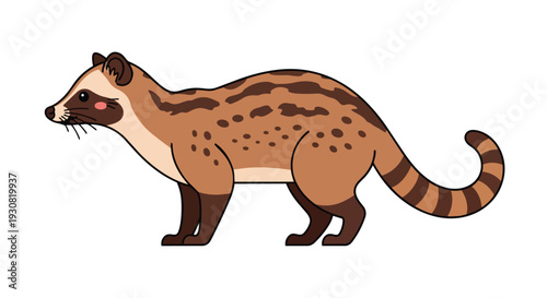 Whimsical Illustration of a Spotted Civet Cat with Striped Tail in a Cartoon Style