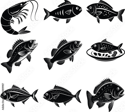 Collection of black silhouette seafood and fish on white background shrimp prawn ocean